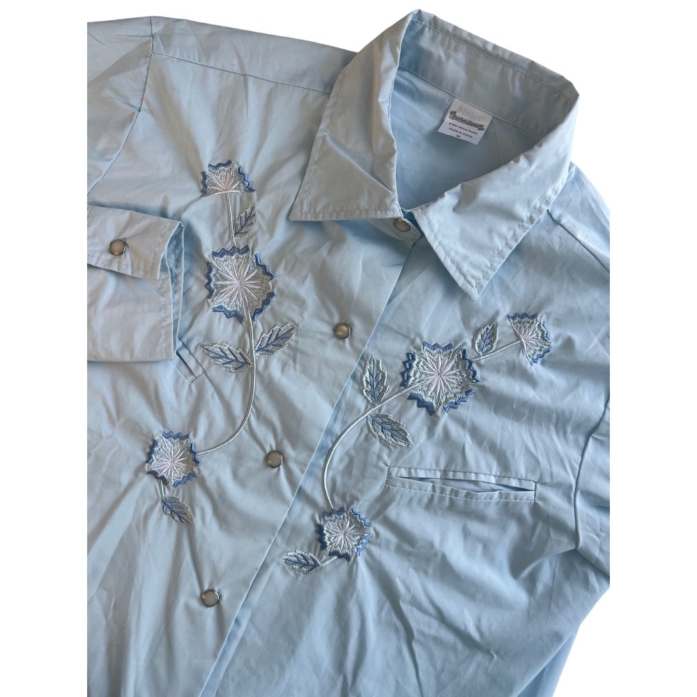 Spirit Western Style Blue Floral‎ Embroidered Snap Button Long Sleeve Shirt M